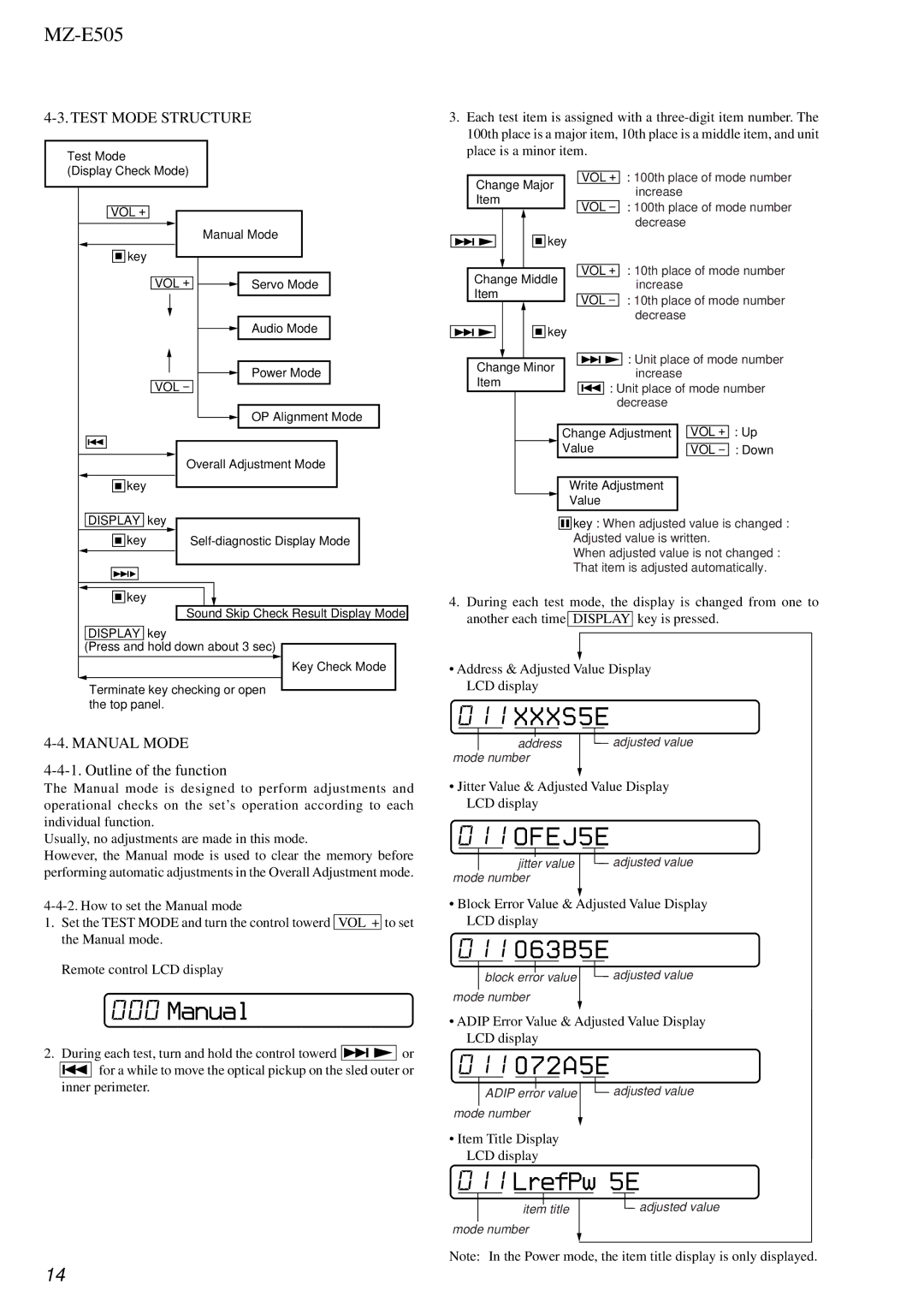 Sony MZ-E505 service manual Manual, XXXS5E, OFEJ5E, 011 063B5E, 011 072A5E, LrefPw 5E 