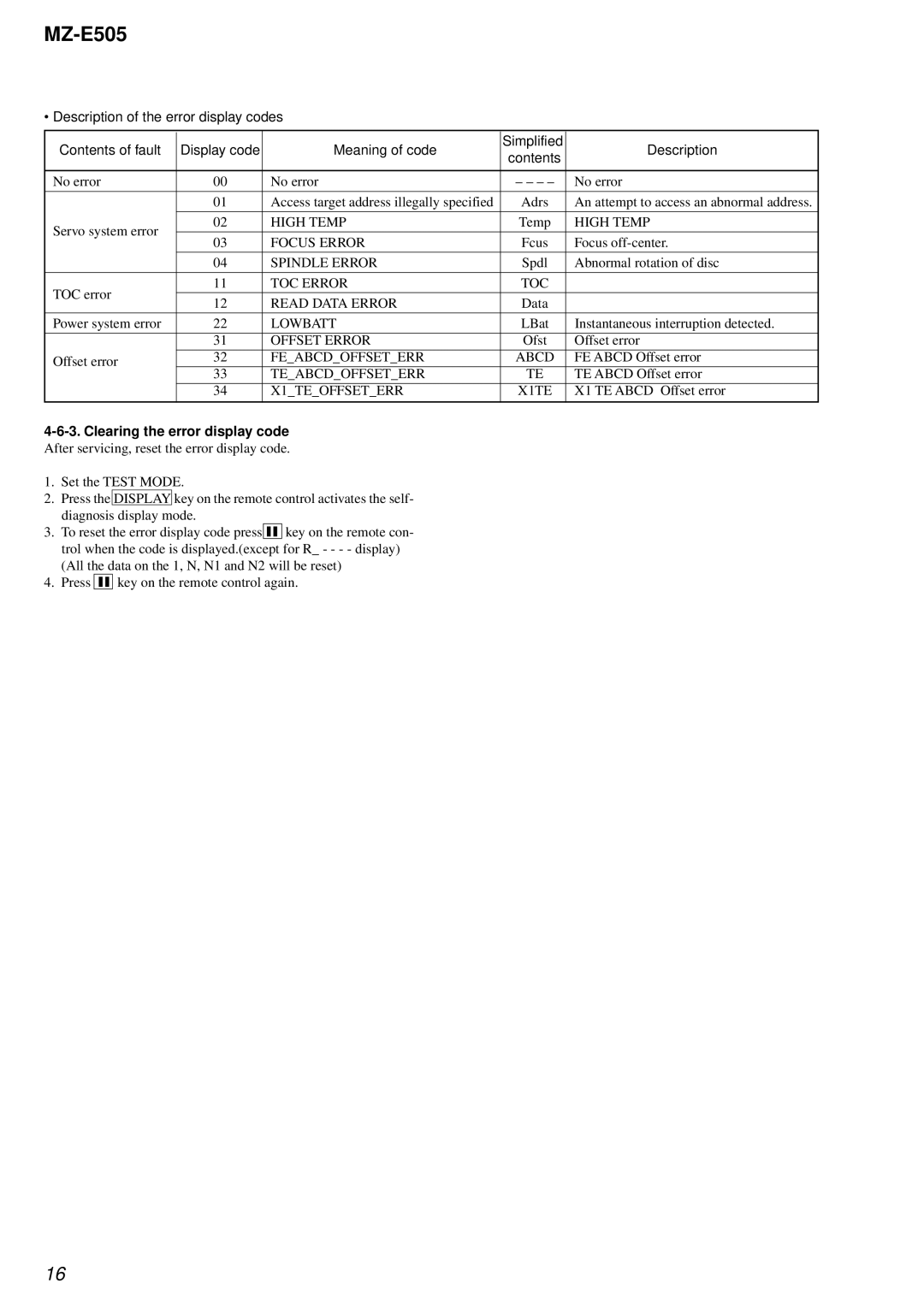 Sony MZ-E505 service manual Clearing the error display code 