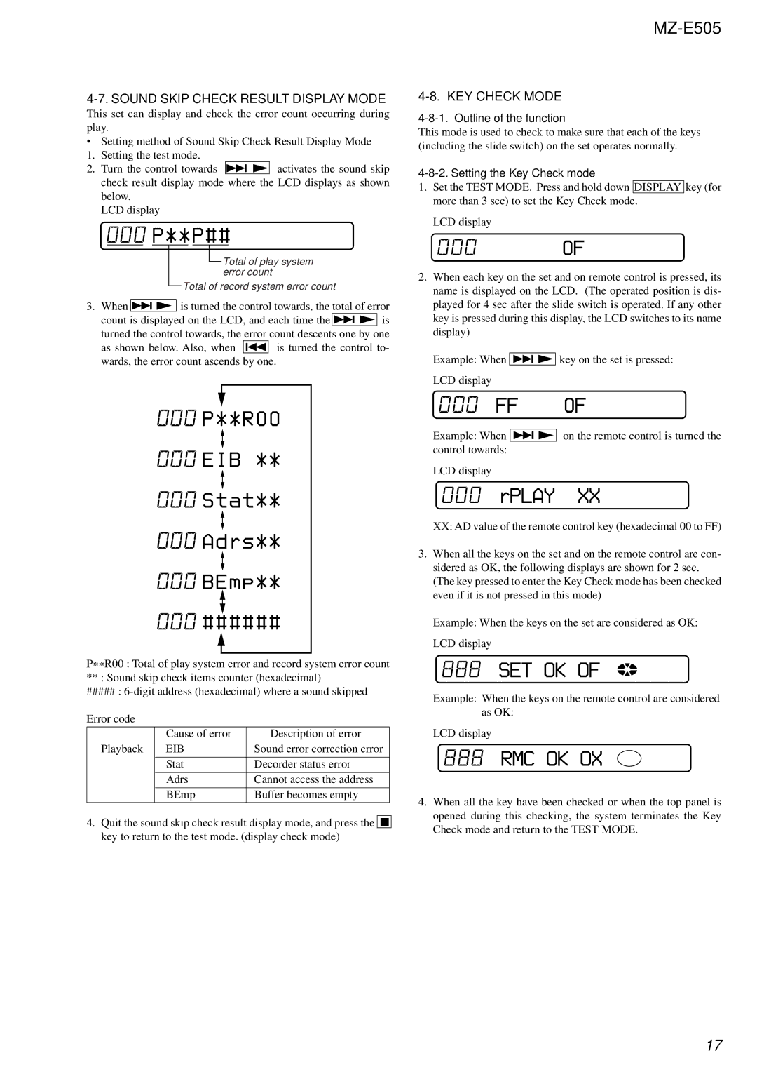 Sony MZ-E505 service manual 000 P**P##, 000 P**R00 000 EIB Stat Adrs BEmp 000 ######, 000 0F, 000 FF 0F, Rplay, Rmc Ok Ox 