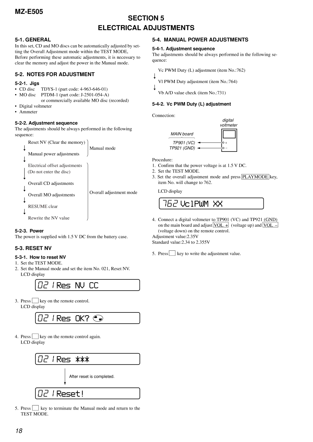 Sony MZ-E505 service manual VclPWM, Res NV CC, Res OK?, 021 Res, Reset 