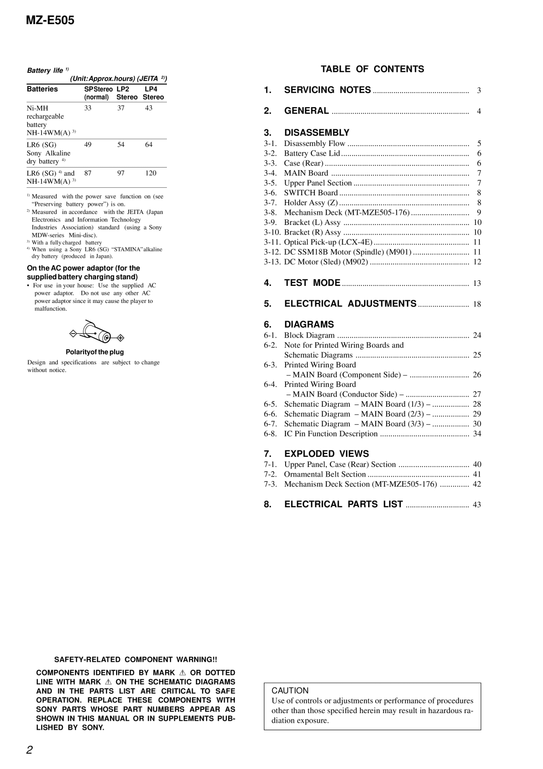 Sony MZ-E505 service manual Table of Contents, Disassembly, Diagrams, Exploded Views 