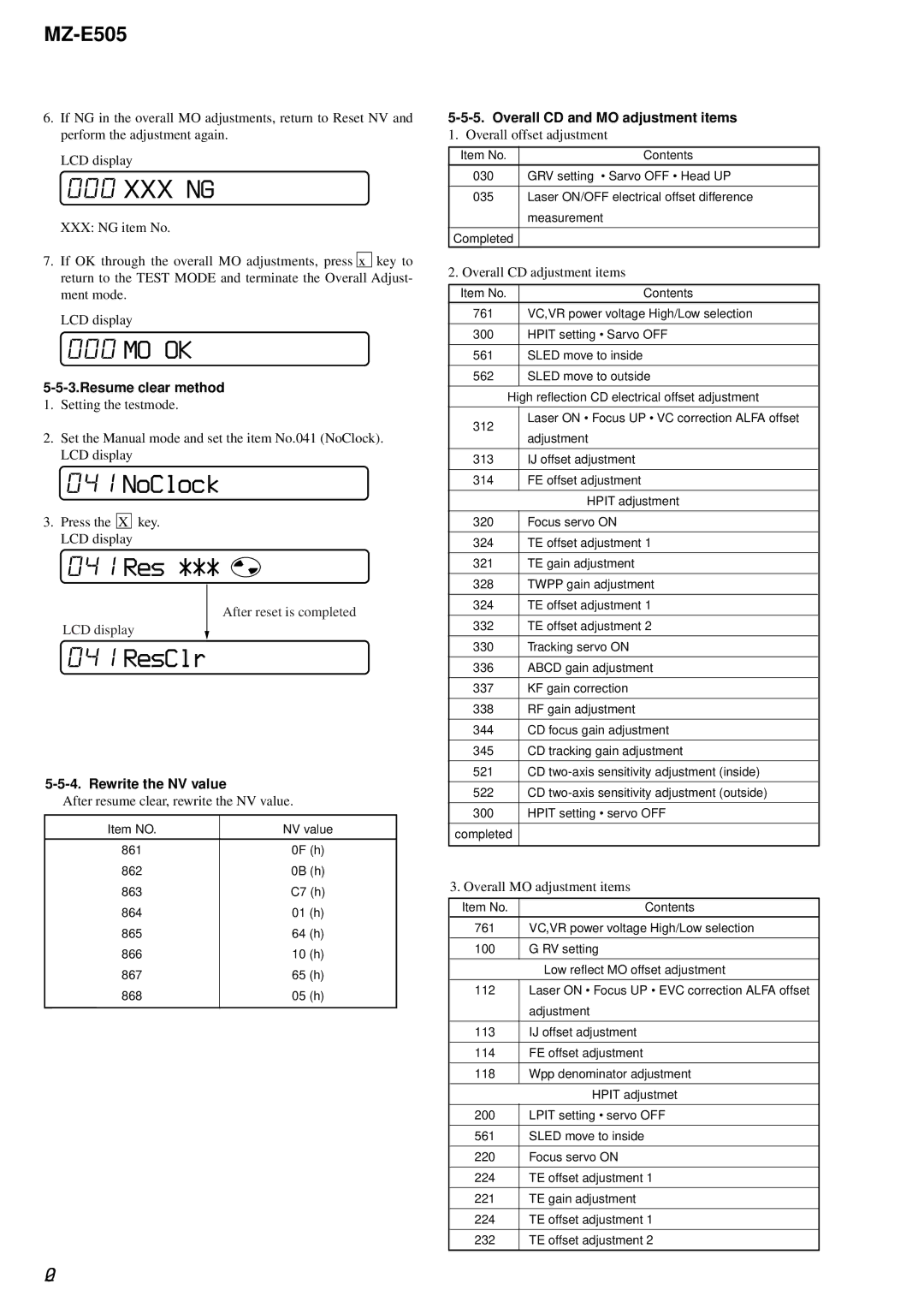 Sony MZ-E505 service manual Mo Ok, NoClock, 041 Res, ResClr 