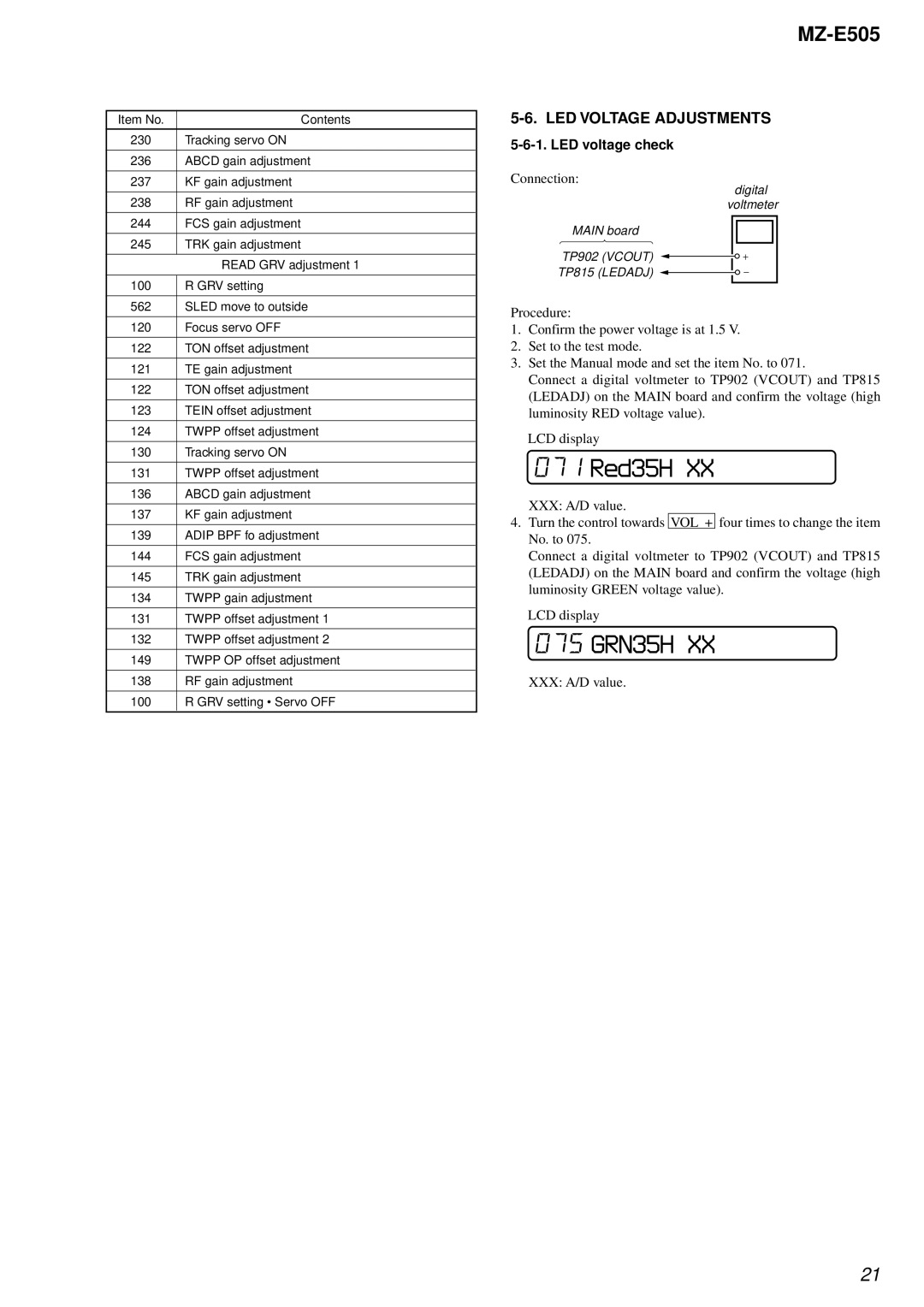 Sony MZ-E505 service manual 071 Red35H, 075 GRN35H, LED Voltage Adjustments, LED voltage check 