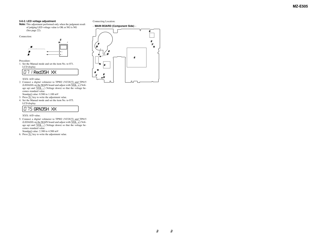 Sony MZ-E505 service manual LED voltage adjustment, Main Board Component Side 