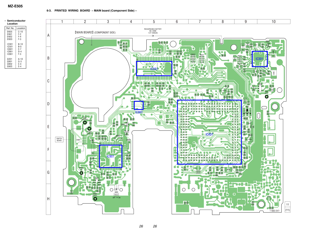 Sony MZ-E505 service manual Printed Wiring Board Main board Component Side, Semiconductor Location 