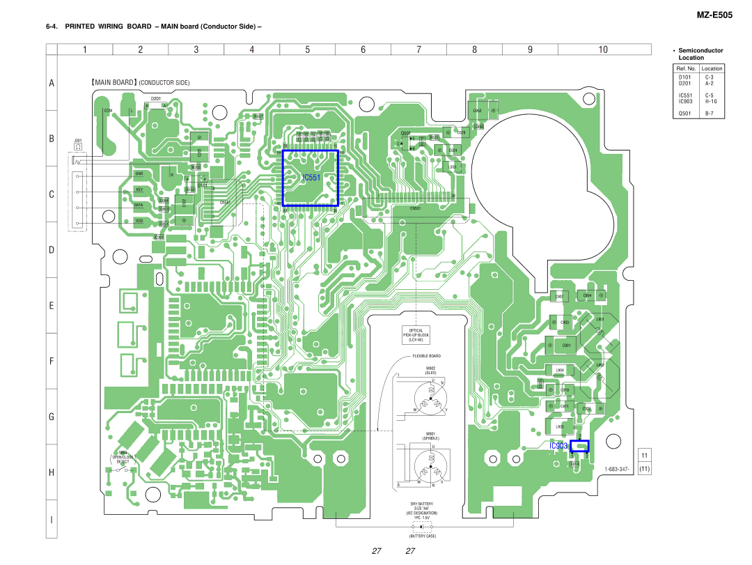 Sony MZ-E505 service manual IC551, Printed Wiring Board Main board Conductor Side 