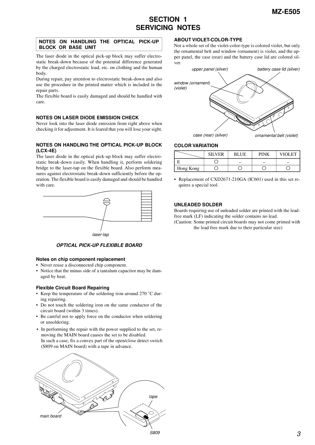 Sony MZ-E505 service manual Section Servicing Notes, Flexible Circuit Board Repairing, Silver Blue Pink Violet 