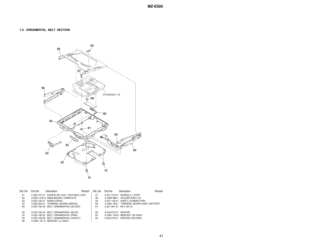 Sony MZ-E505 service manual Ornamental Belt Section, 60 X-3381-109-1 Terminal Board ASSY, Battery 