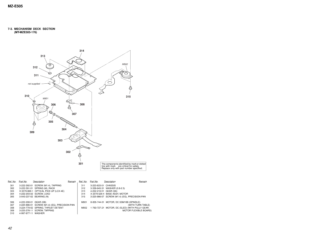 Sony MZ-E505 Mechanism Deck Section MT-MZE505-176, 314 313 312 311, 310, 306 308 307 305 304 303 302 301, 315 