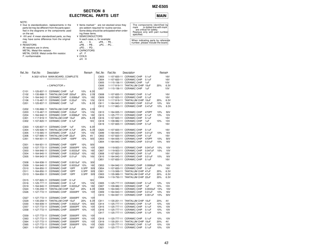 Sony MZ-E505 service manual Section Electrical Parts List, Main BOARD, Complete Capacitor, Ceramic Chip 