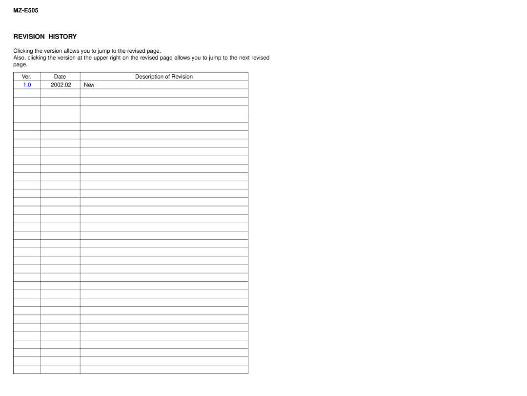 Sony MZ-E505 service manual Revision History 