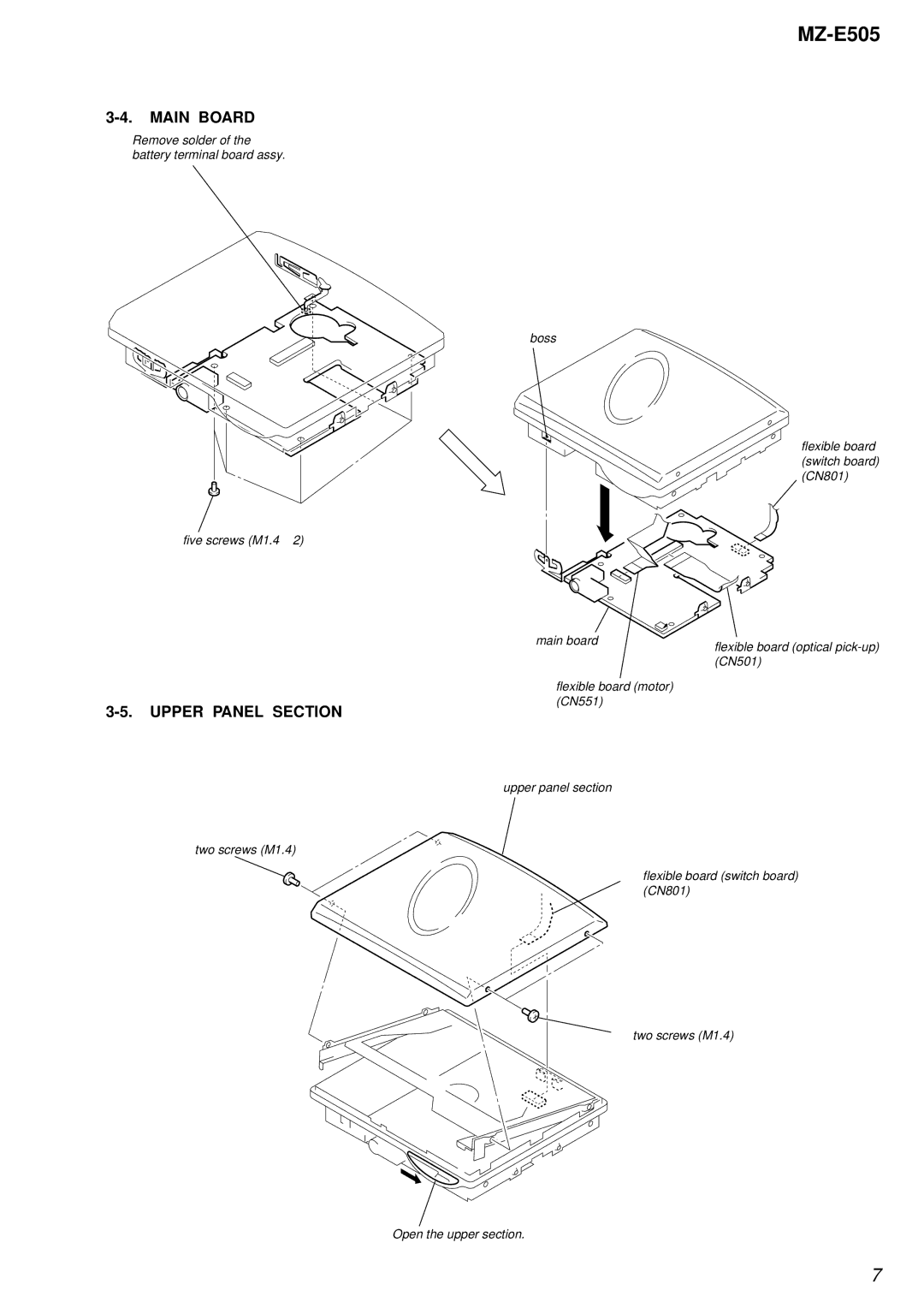 Sony MZ-E505 service manual Main Board, Upper Panel Section 