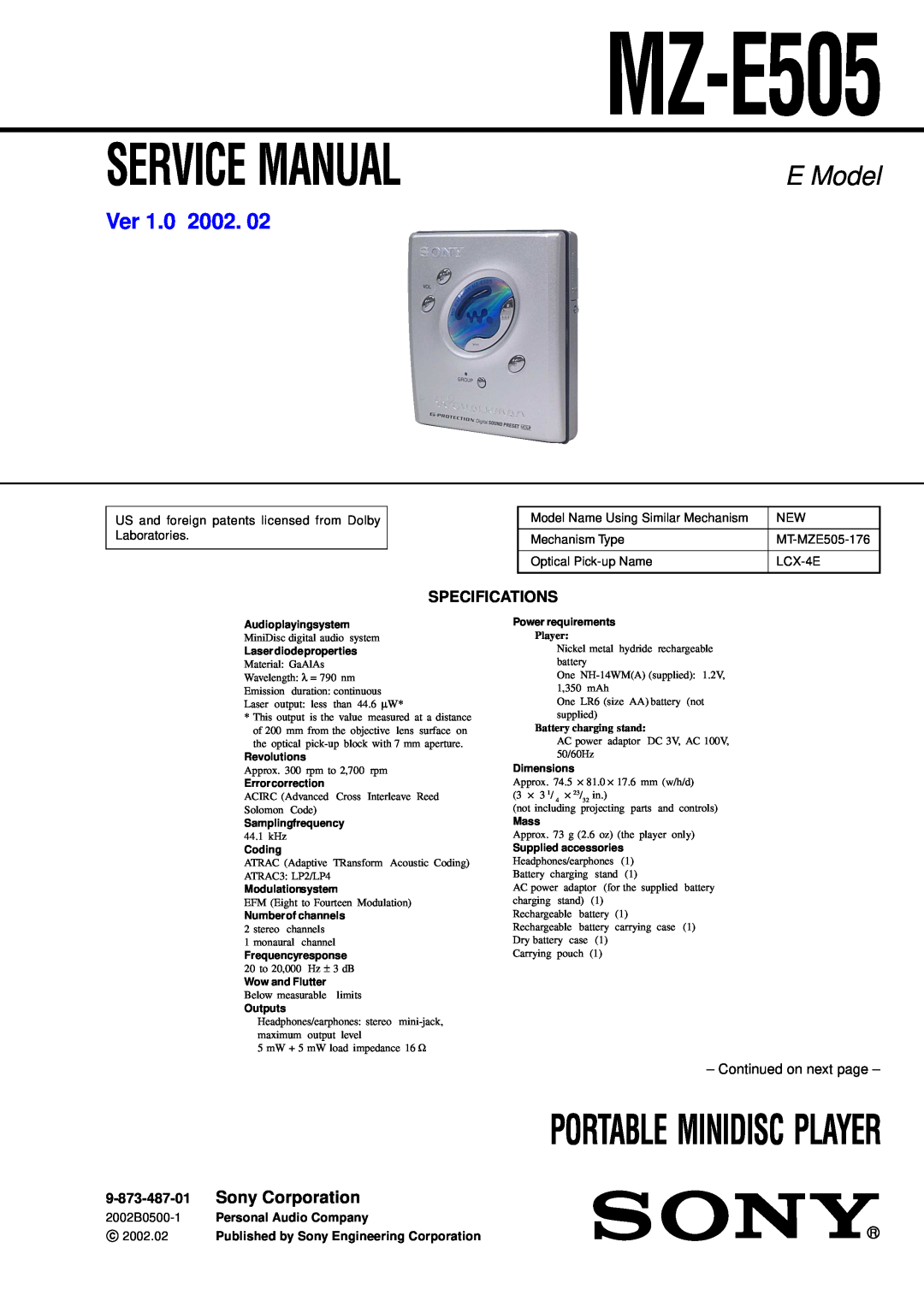 Sony MZ-E505 service manual Sony Corporation, Specifications, Continued on next page, Portable Minidisc Player, E Model 