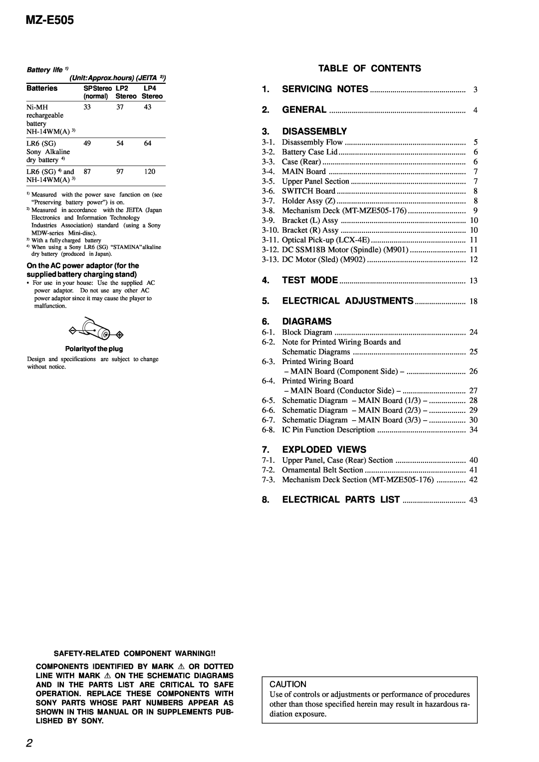Sony MZ-E505 service manual Table Of Contents, Disassembly, Diagrams, Exploded Views, Servicing Notes, General 