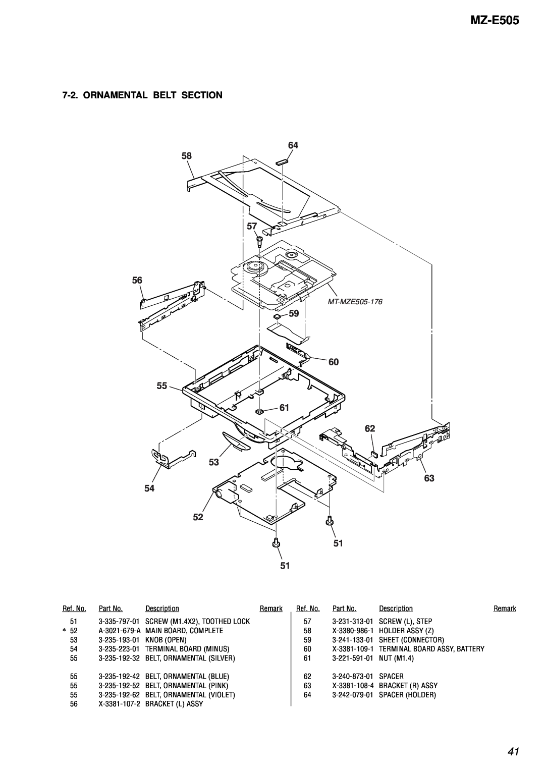 Sony MZ-E505 service manual Ornamental Belt Section, 59 60 55 61 62 53, MT-MZE505-176 