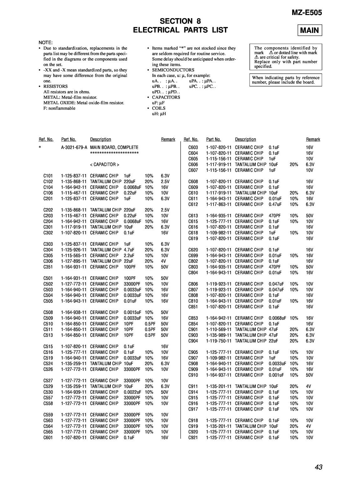 Sony service manual Section Electrical Parts List, MZ-E505 MAIN 