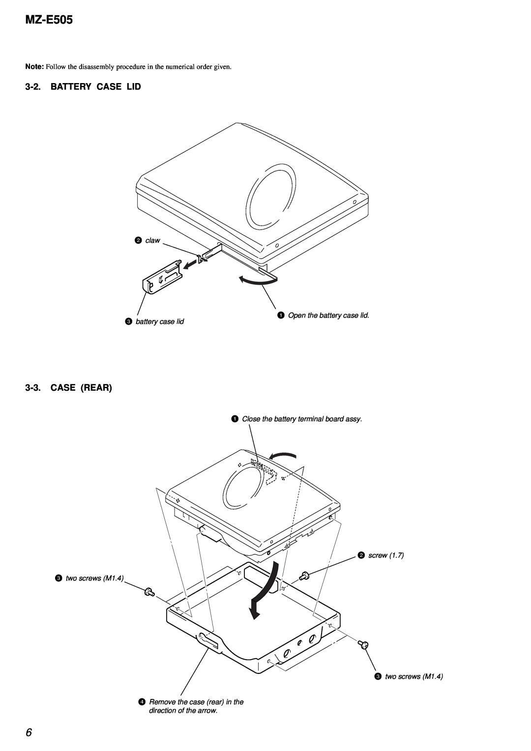 Sony MZ-E505 service manual Battery Case Lid, Case Rear, 2claw 1 Open the battery case lid, 3battery case lid 