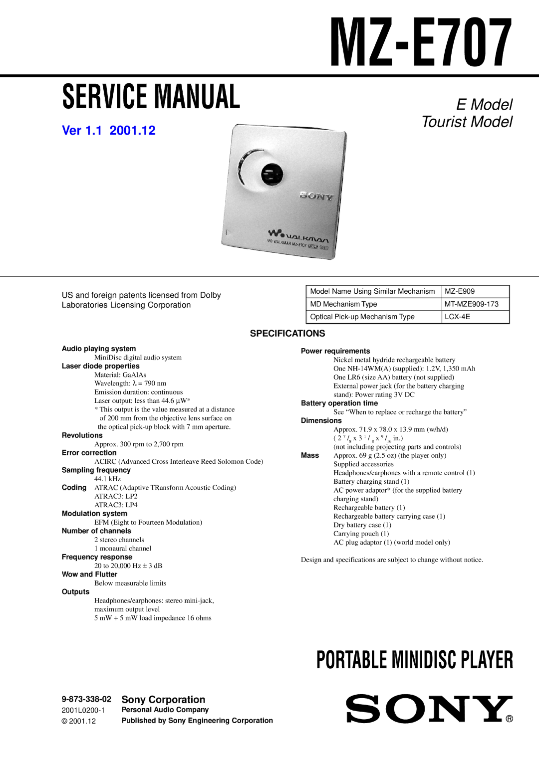 Sony MZ-E707 service manual Specifications, 873-338-02 