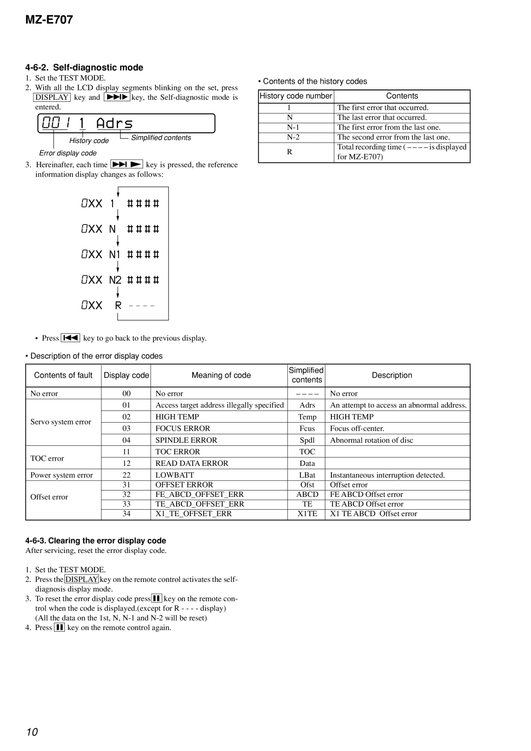 Sony MZ-E707 service manual 001 1 Adrs, Clearing the error display code 