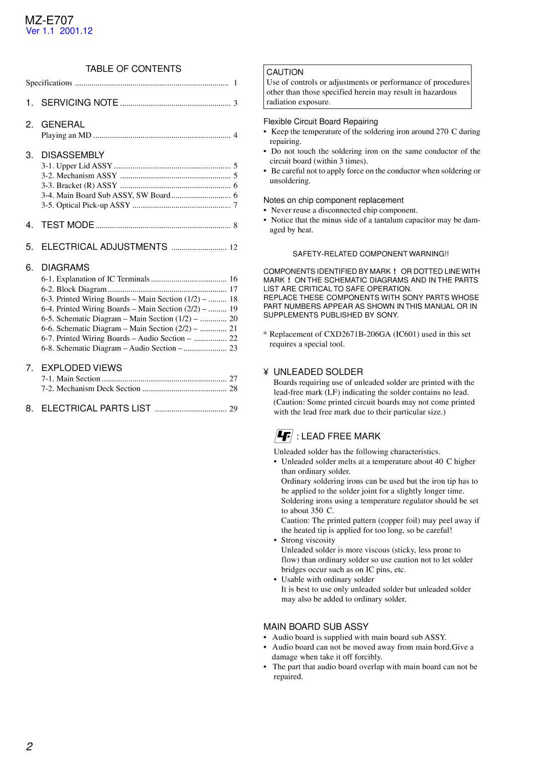 Sony MZ-E707 Table of Contents, General, Disassembly, Diagrams, Exploded Views, Unleaded Solder, Lead Free Mark 