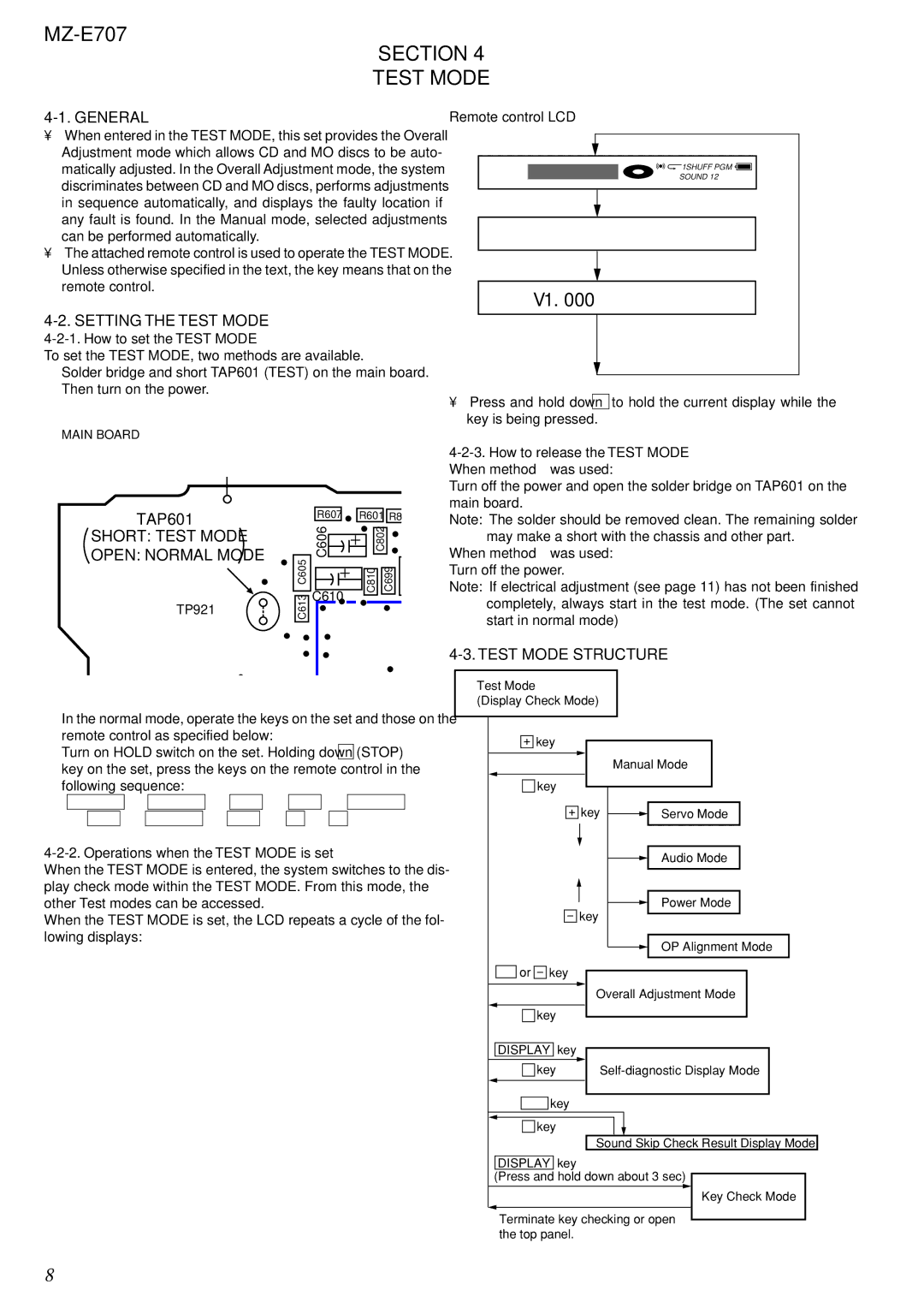 Sony MZ-E707 service manual Section Test Mode, Setting the Test Mode, Test Mode Structure 