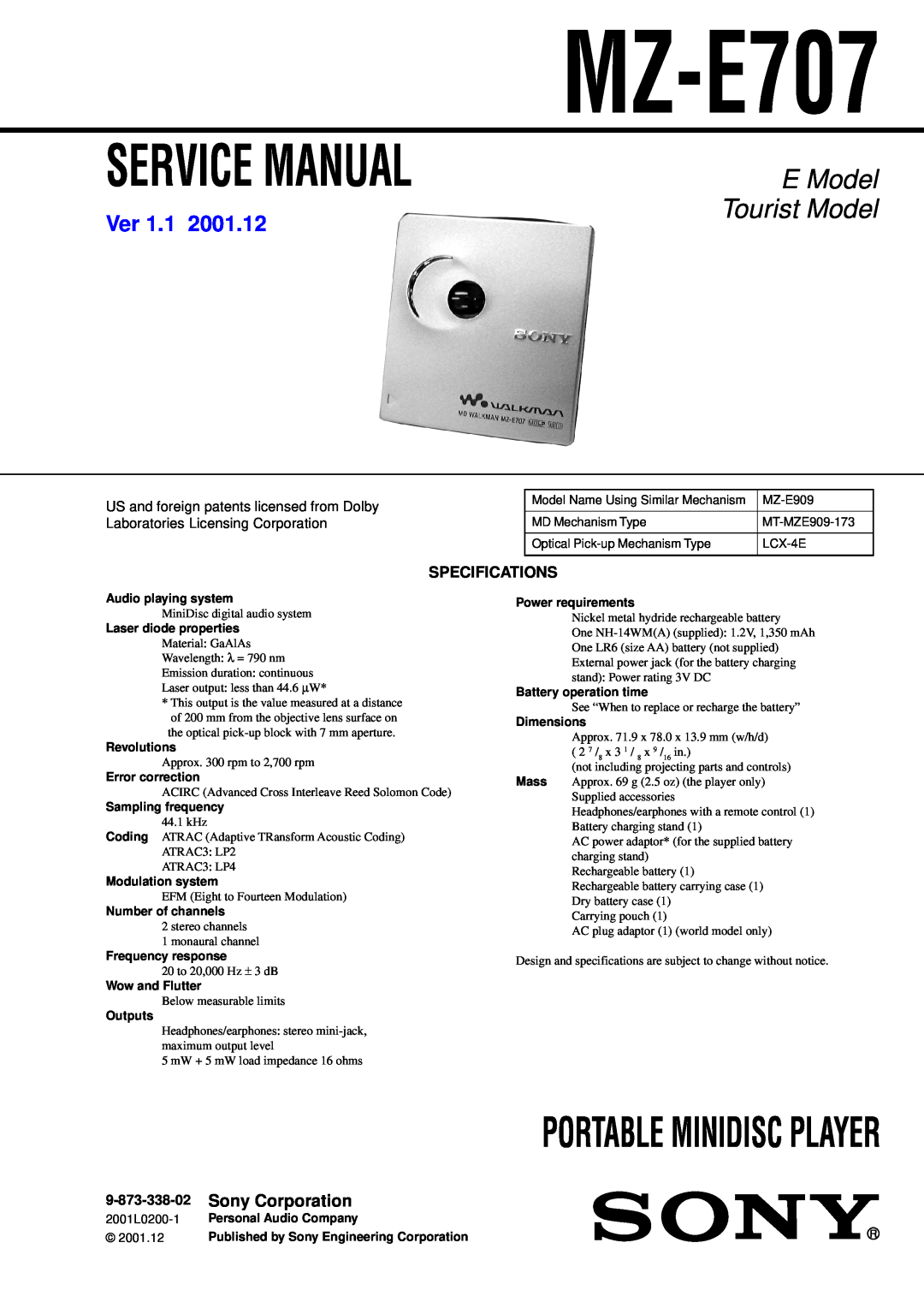 Sony MZ-E707 service manual Portable Minidisc Player, E Model, Tourist Model, Ver, Sony Corporation, 9-873-338-02, Outputs 