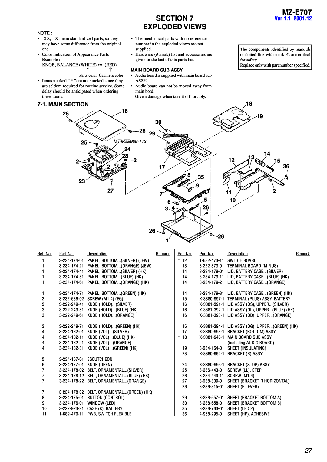 Sony MZ-E707 service manual Section Exploded Views, Ver 