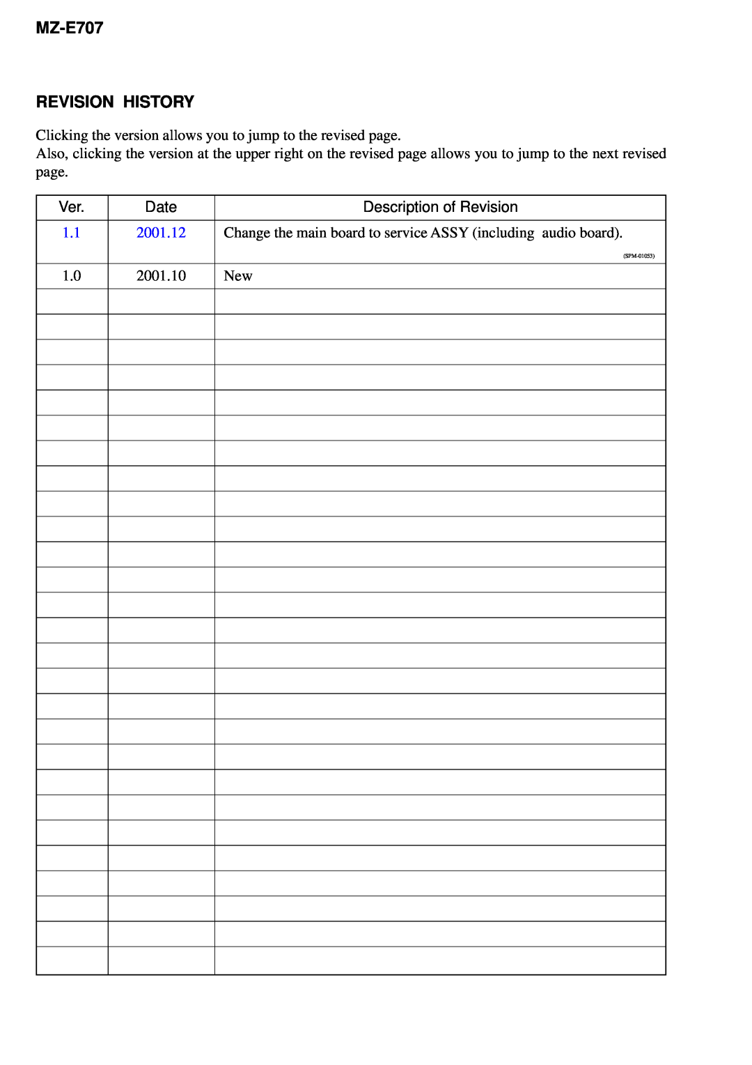 Sony service manual MZ-E707 REVISION HISTORY, Date, Description of Revision, 2001.12, 2001.10, SPM-01053 