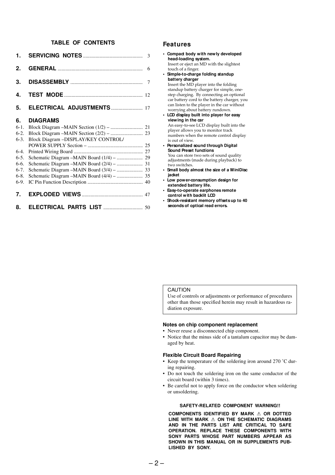 Sony MZ-E800 Table of Contents, Diagrams, Exploded Views Electrical Parts List, Flexible Circuit Board Repairing 