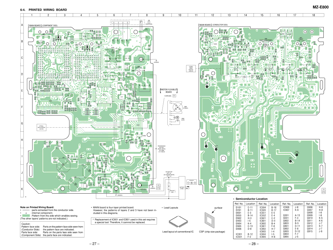 Sony MZ-E800 service manual Printed Wiring Board, Semiconductor Location 