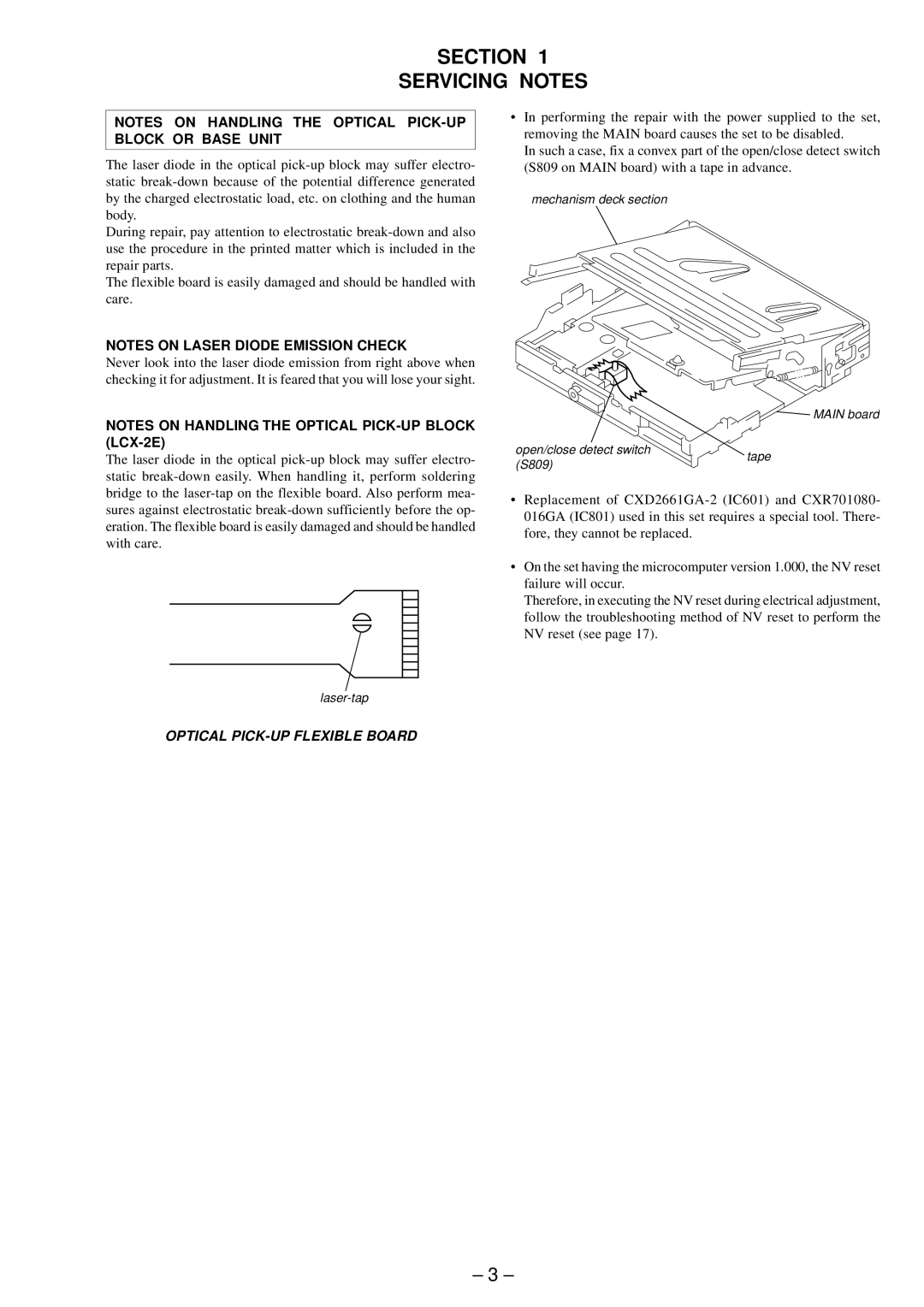 Sony MZ-E800 service manual Section Servicing Notes 