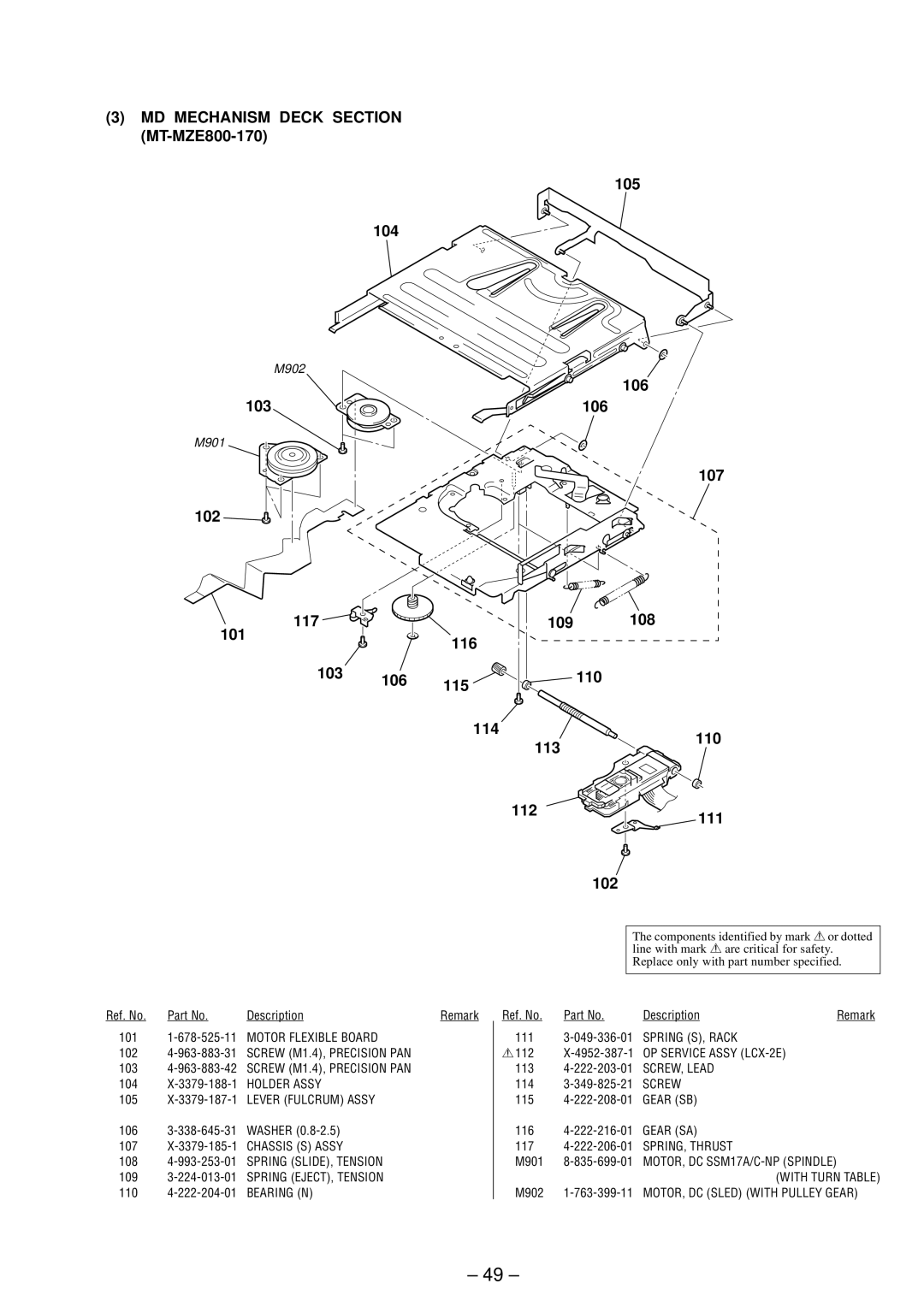 Sony MZ-E800 service manual MD Mechanism Deck Section MT-MZE800-170, 105 104, 103 