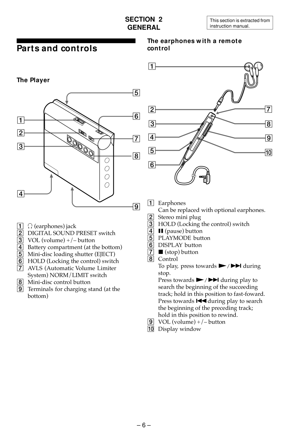 Sony MZ-E800 service manual Parts and controls, Section General 