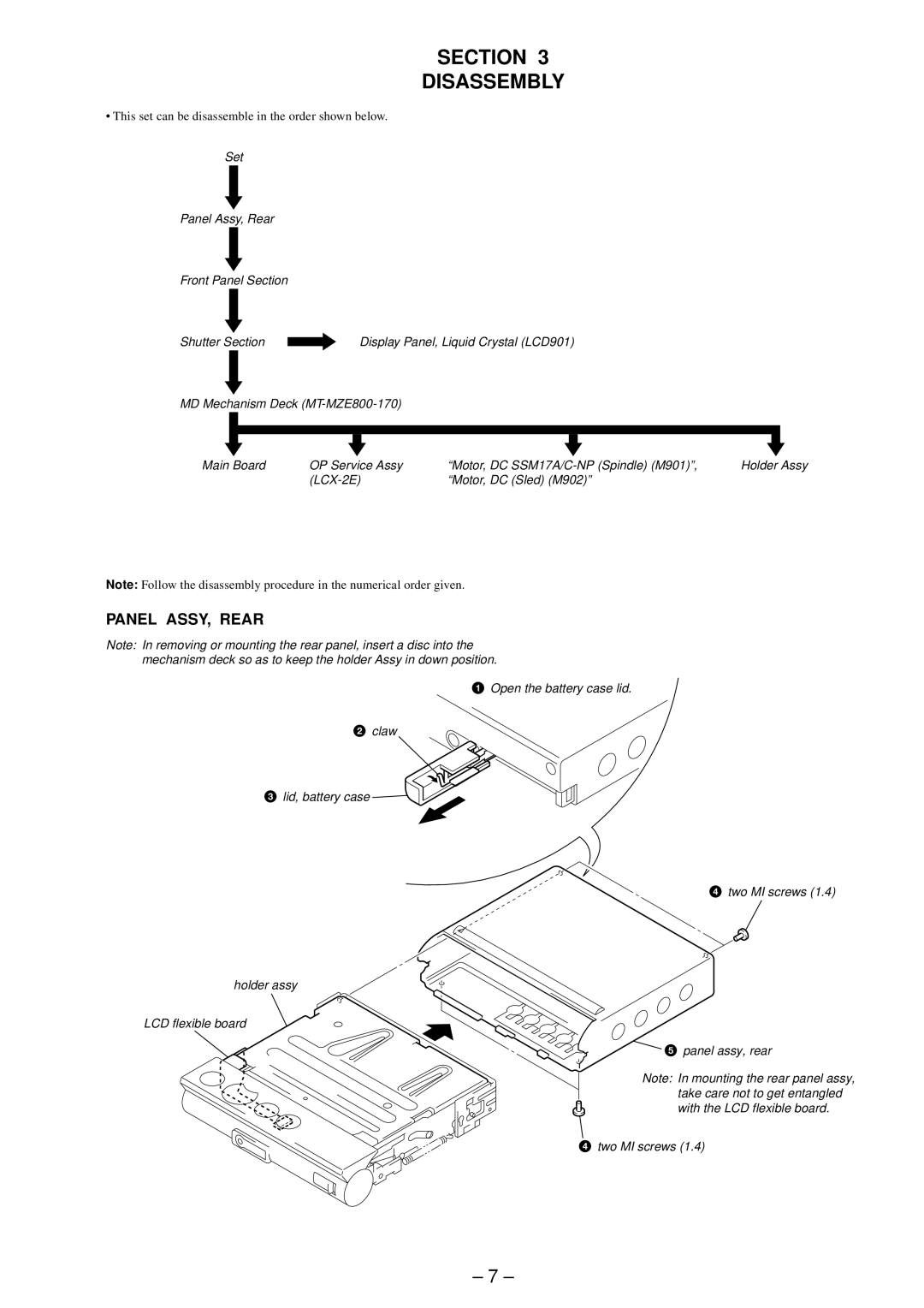 Sony MZ-E800 service manual Section Disassembly, Panel ASSY, Rear 