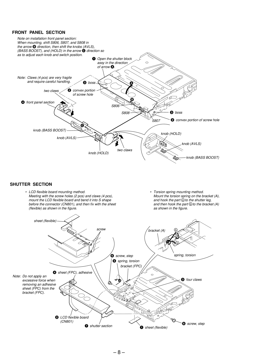 Sony MZ-E800 service manual Front Panel Section, Shutter Section 