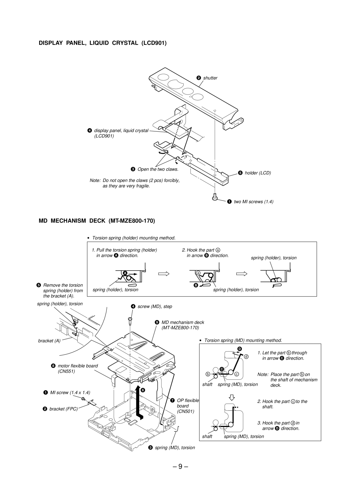 Sony MZ-E800 service manual Display PANEL, Liquid Crystal LCD901, MD Mechanism Deck MT-MZE800-170 