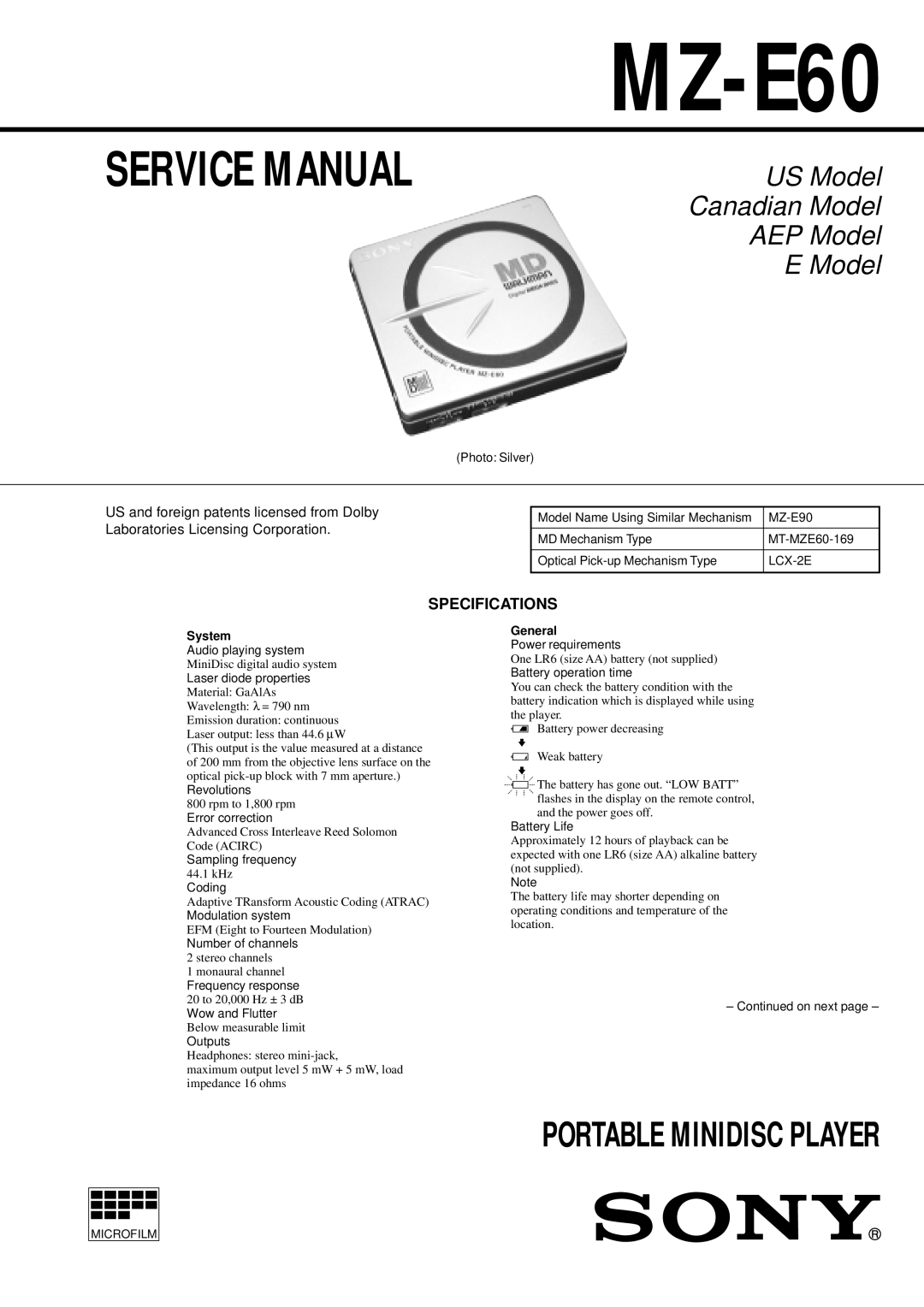 Sony MZ-E90 service manual Specifications, LCX-2E 