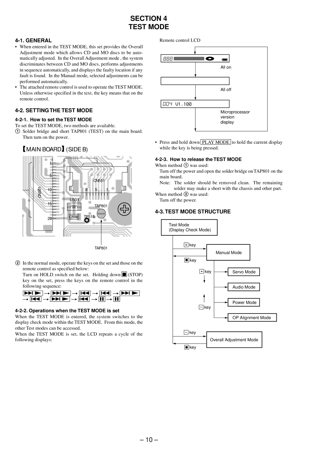 Sony MZ-E90 service manual General, Setting the Test Mode, Test Mode Structure 