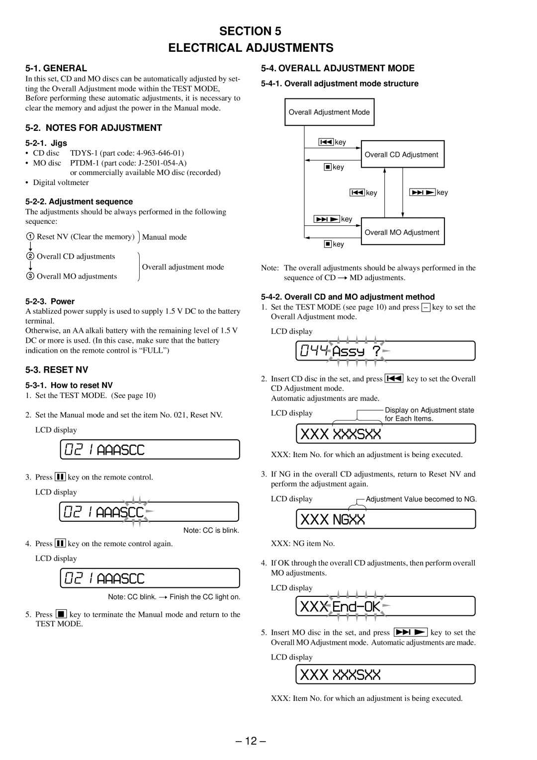 Sony MZ-E90 service manual Section Electrical Adjustments, Reset NV 