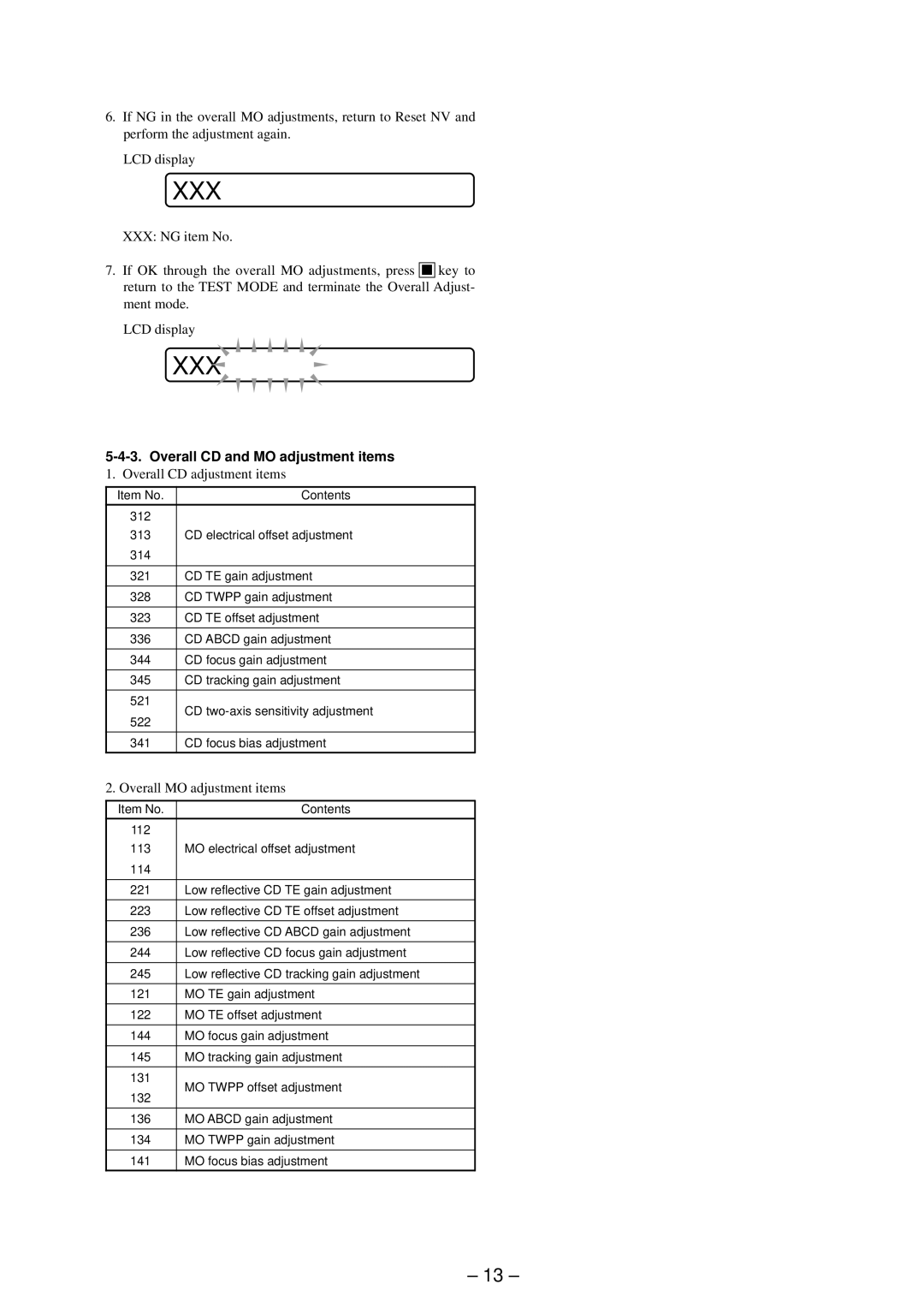 Sony MZ-E90 service manual Overall CD and MO adjustment items, Overall CD adjustment items 