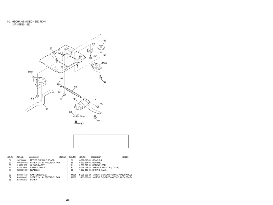 Sony MZ-E90 service manual Mechanism Deck Section MT-MZE60-169, Service ASSY, OP LCX-2E, SPRING, Rack 