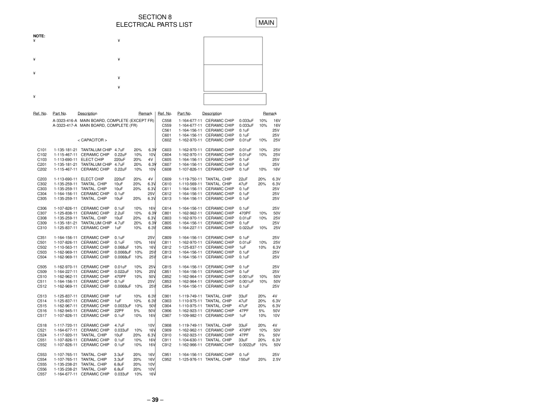 Sony MZ-E90 service manual Section Electrical Parts List Main 