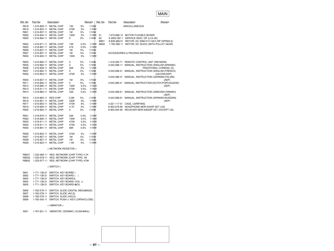 Sony MZ-E90 Network Resistor, Switch, SWITCH, KEY Board N, SWITCH, Slide Avls, SWITCH, Slide Hold, Miscellaneous 