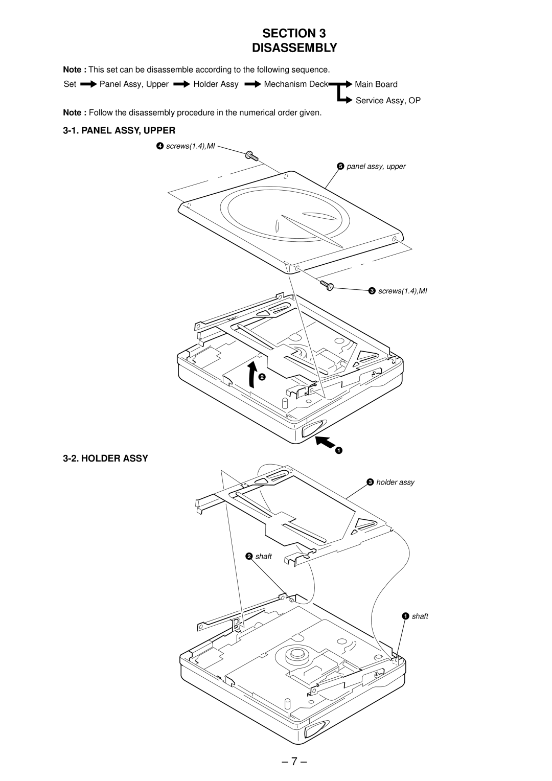 Sony MZ-E90 service manual Section Disassembly, Panel ASSY, Upper, Holder Assy 