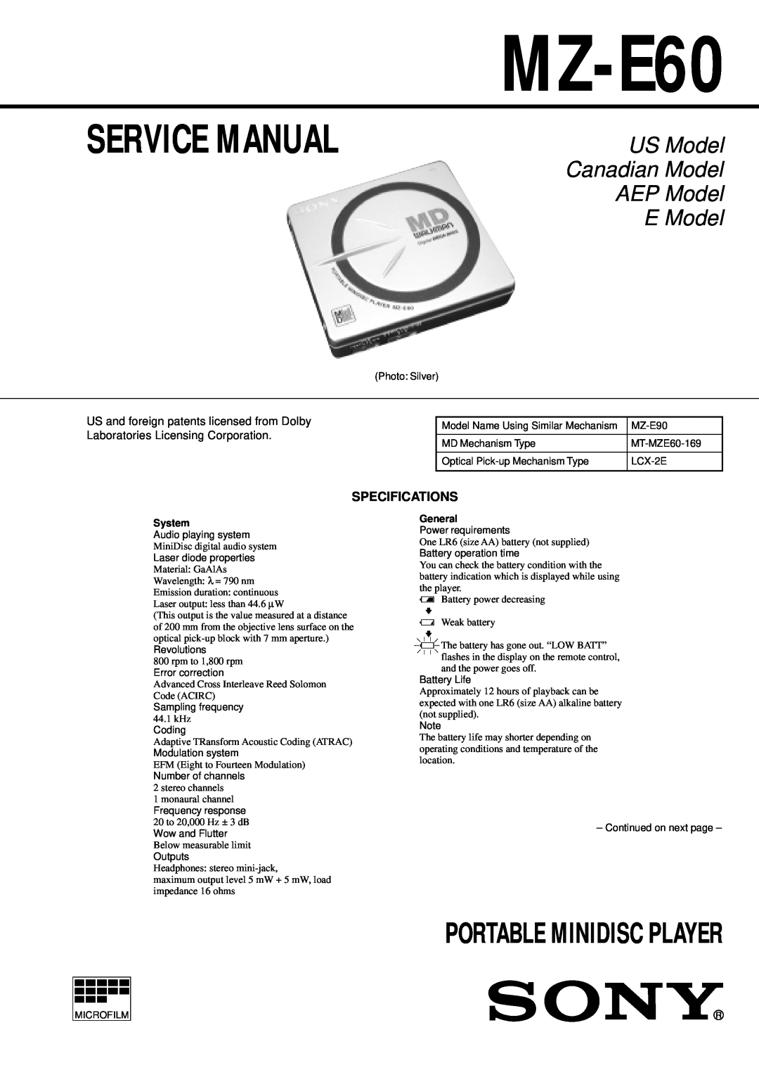Sony MZ-E90 service manual Specifications, MZ-E60, US Model Canadian Model AEP Model E Model, Portable Minidisc Player 