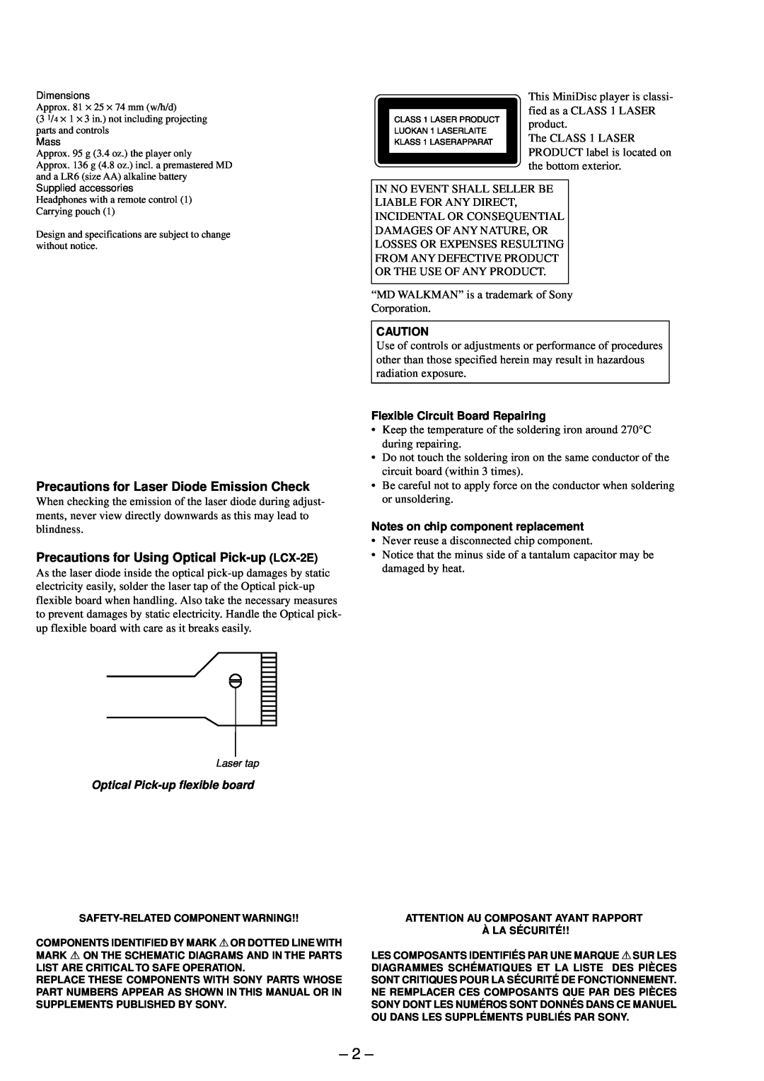 Sony MZ-E90 service manual Precautions for Laser Diode Emission Check, Precautions for Using Optical Pick-up LCX-2E 