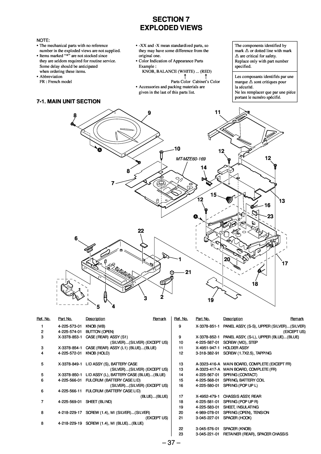 Sony MZ-E90 service manual Section Exploded Views, Main Unit Section, 8 7 22 6 3, 1012 