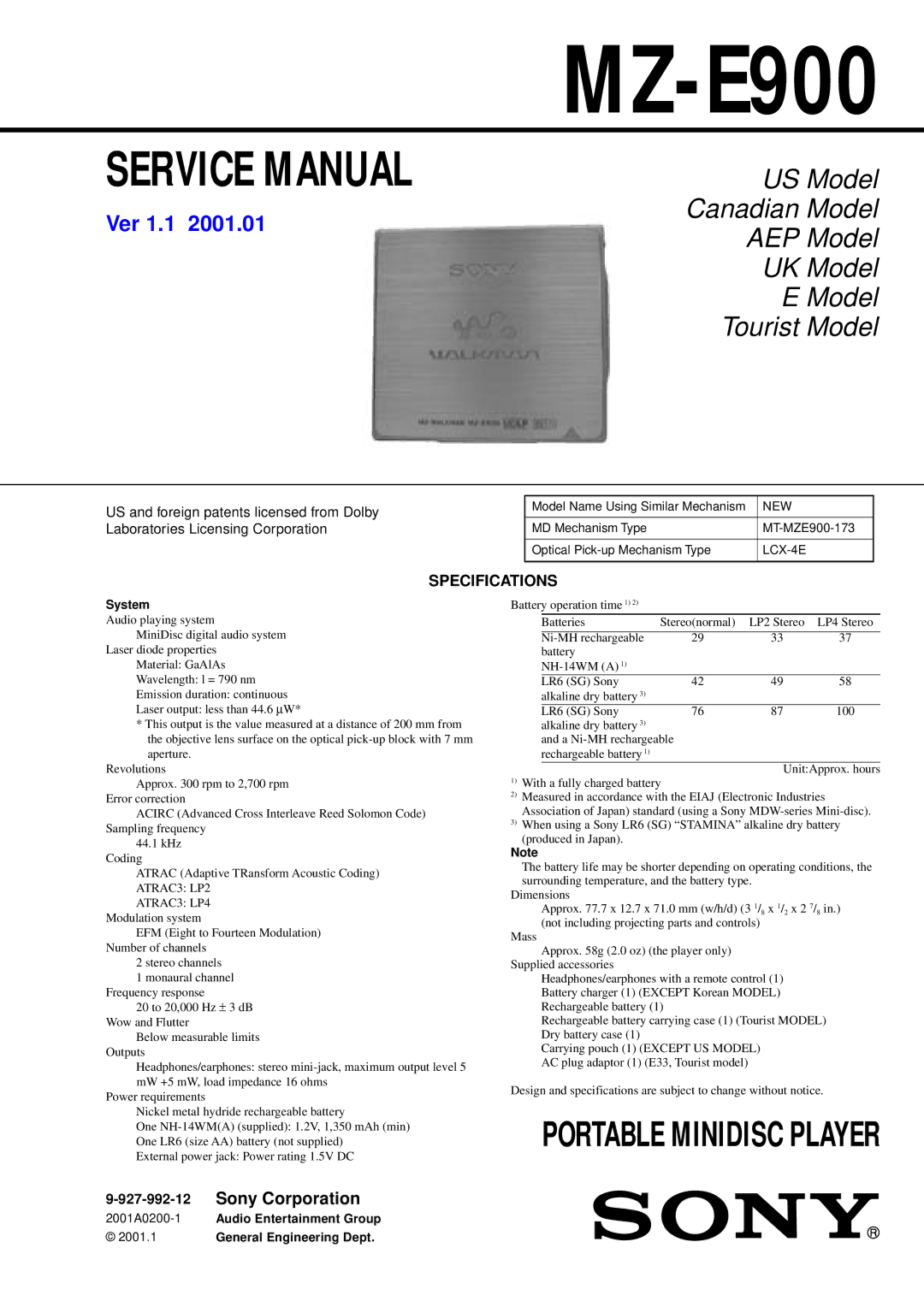 Sony MZ-E900 specifications Specifications 