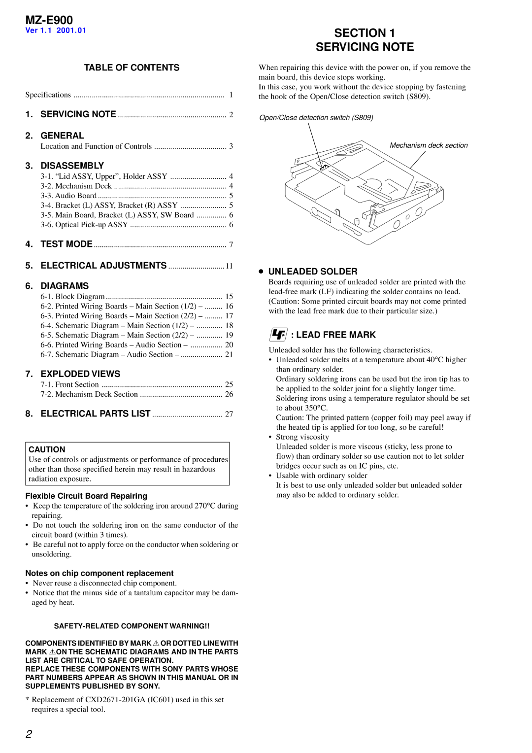 Sony MZ-E900 specifications Section Servicing Note 