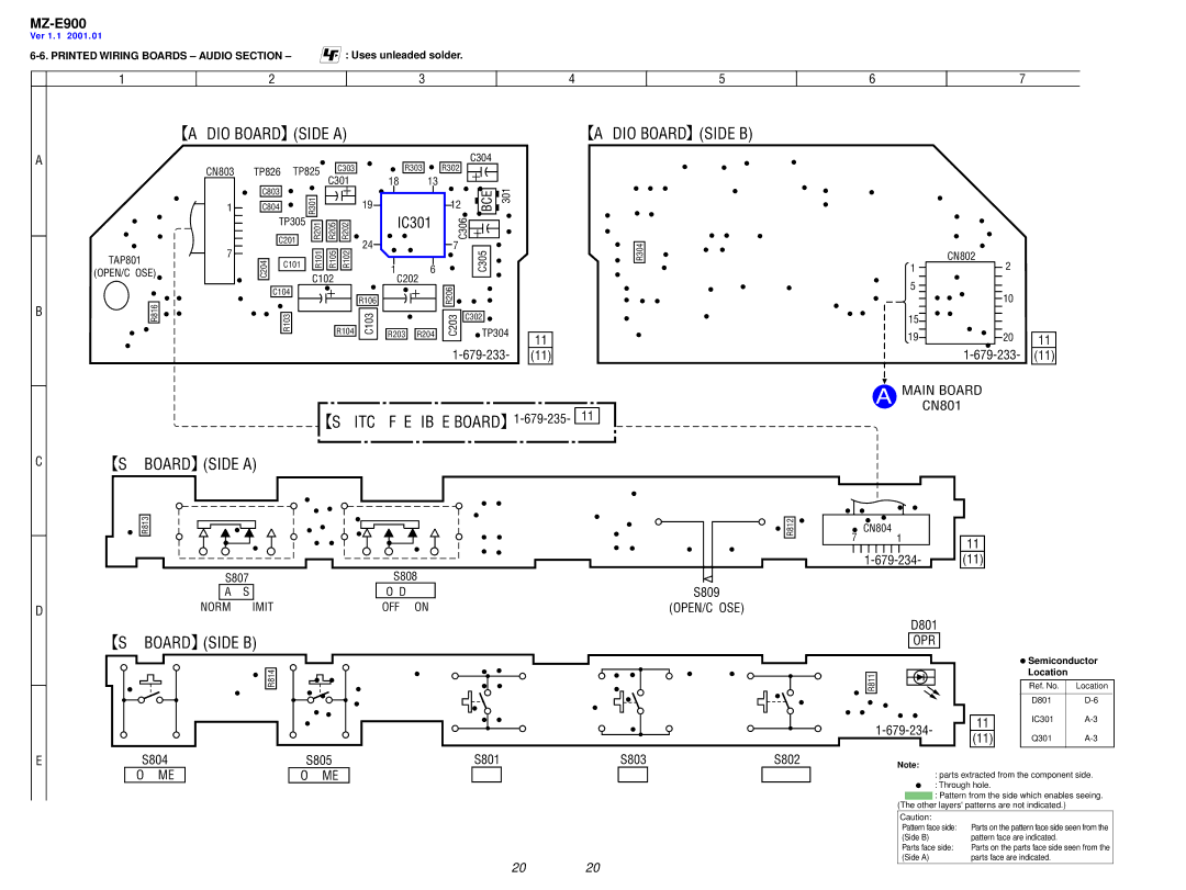 Sony MZ-E900 specifications Audio Board Side a, Printed Wiring Boards Audio Section 